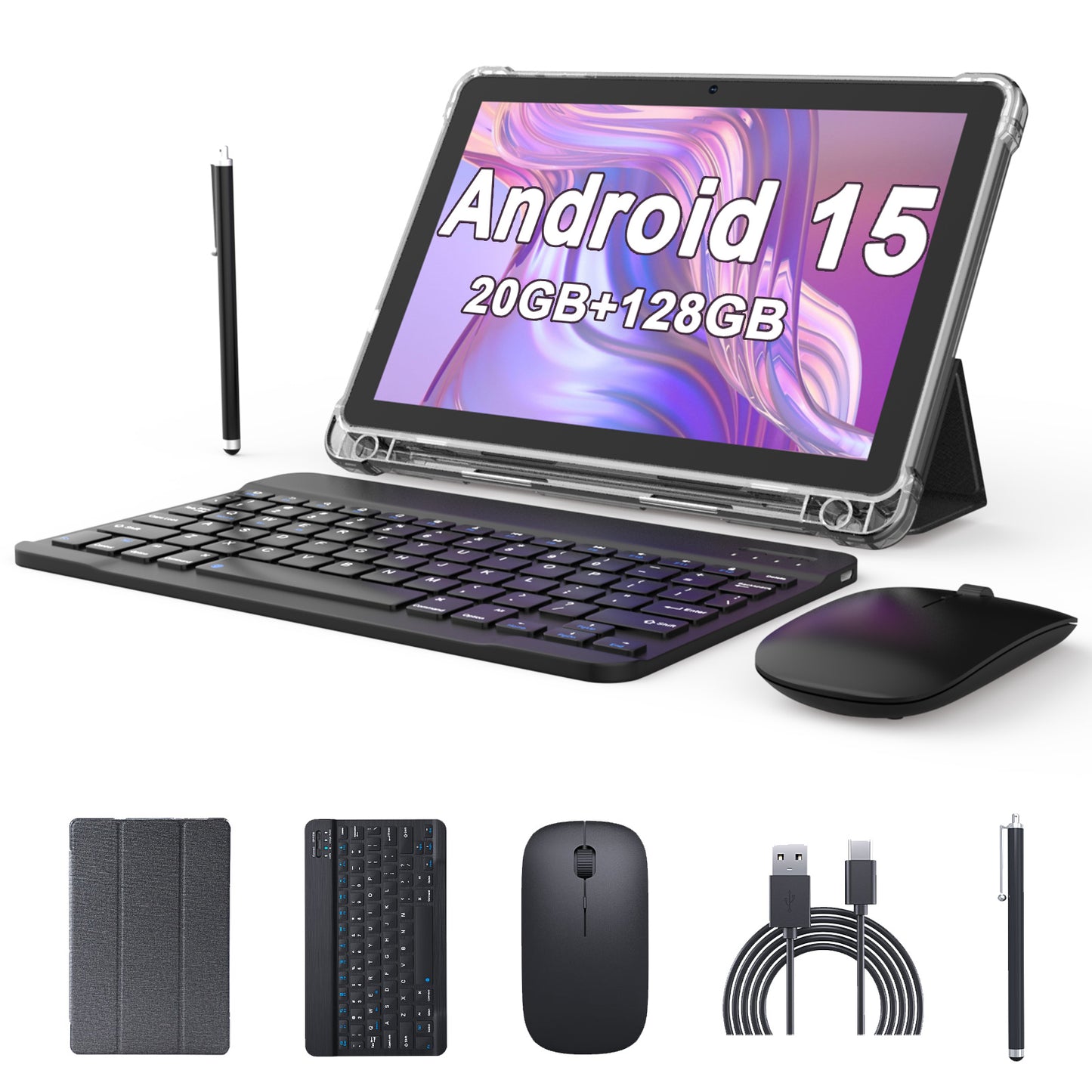Tableta Android 10.1 inch, 20GB RAM, 128GB ROM, WiFi, Procesor 8 Nuclee, cu Tastatura, Mouse, Stilou, Carcasa de protectie