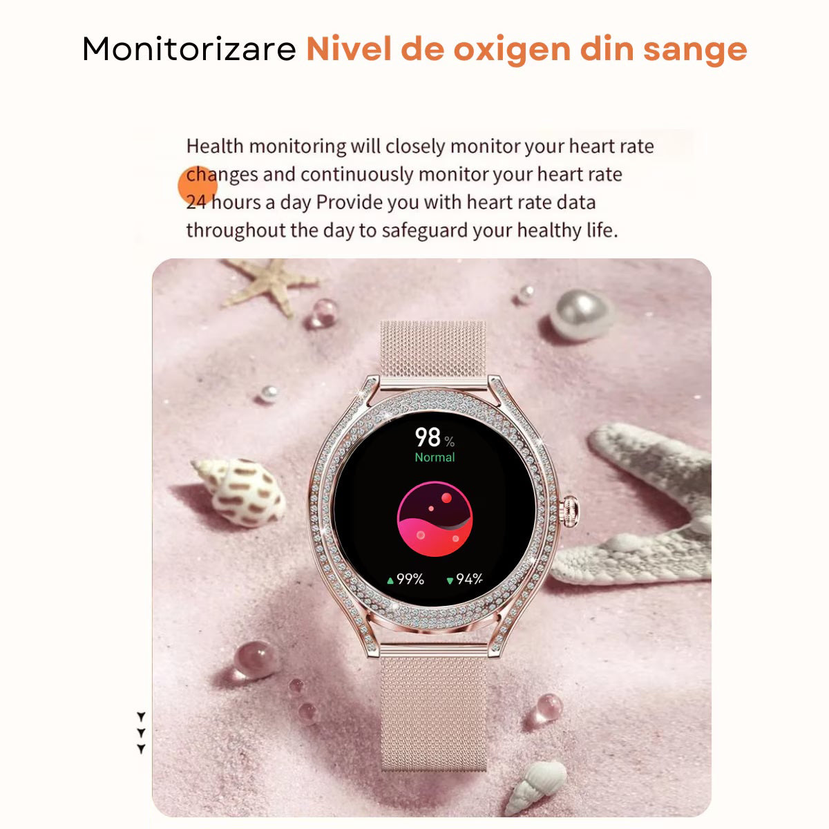 Smartwatch Dama Elegant, Bratara Metalica, Silicon si Piele, Masurare Oxigen in sange, Ritm cardiac, Sport, Somn