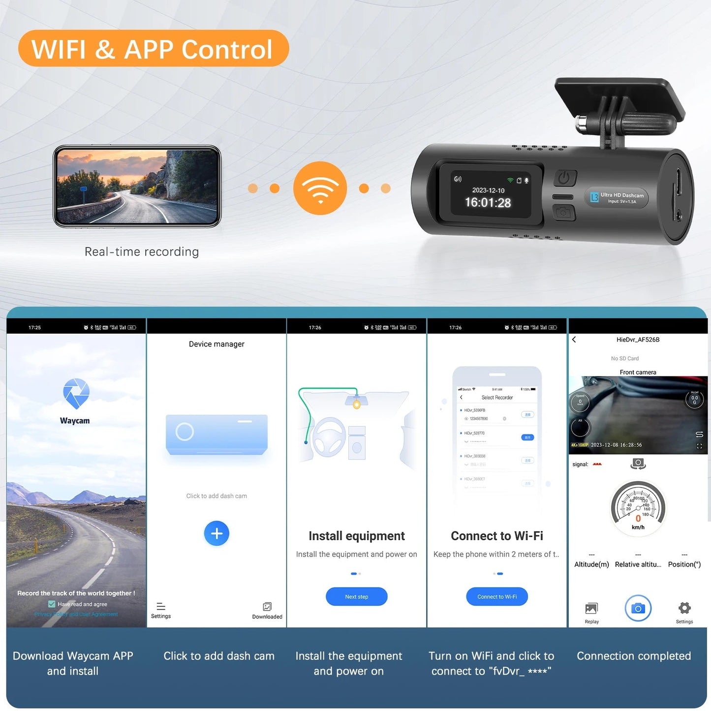 Camera auto de bord 4K, Rezolutie 3840 x 2160 Ultra HD, Conectivitate Wi-Fi, + Camera Spate HD