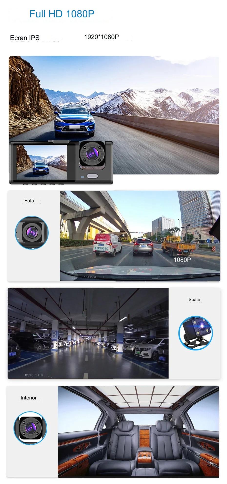 Camera auto tripla de bord Full HD 1080P, 3 Lentile, IPS Display 2", Inregistrare Dubla, Loop Recording, G-sensor