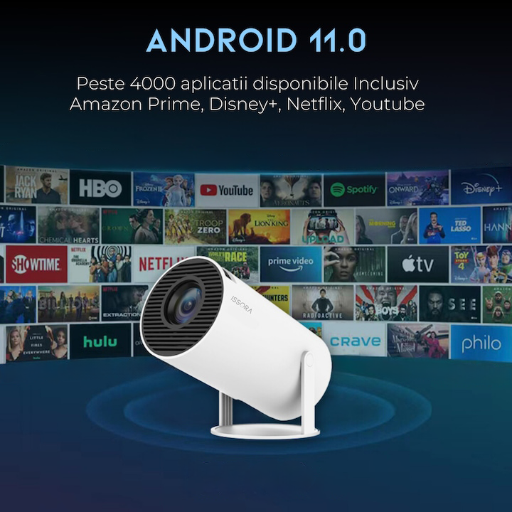 Videoproiector Portabil Smart 4K Ultra HD cu WiFi6, Bluetooth 5.0, Autofocus, Proiectie Ajustabila