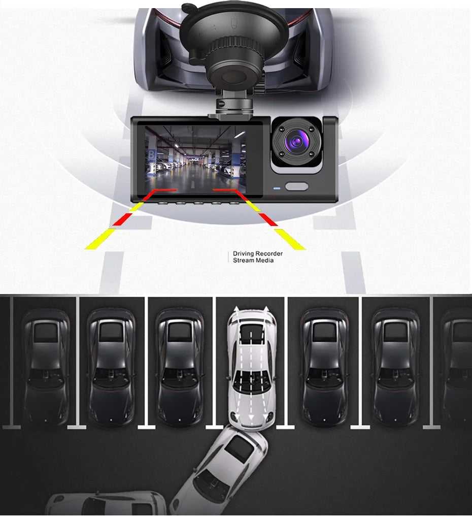 Camera auto tripla de bord Full HD 1080P, 3 Lentile, IPS Display 2", Inregistrare Dubla, Loop Recording, G-sensor