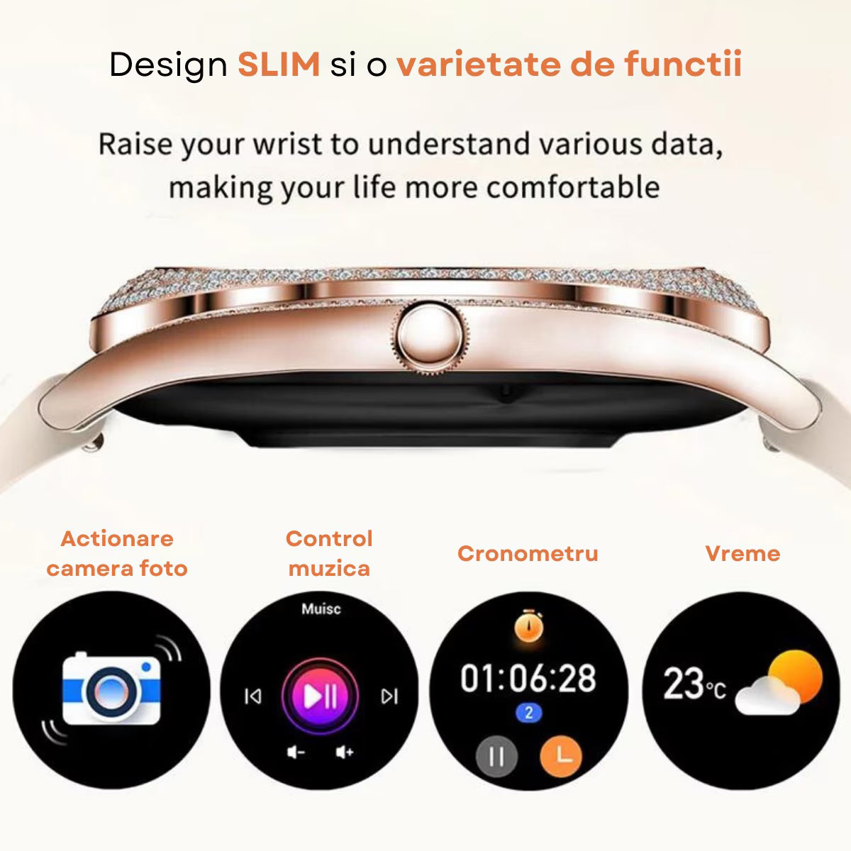 Smartwatch Dama Elegant, Bratara Metalica, Silicon si Piele, Masurare Oxigen in sange, Ritm cardiac, Sport, Somn