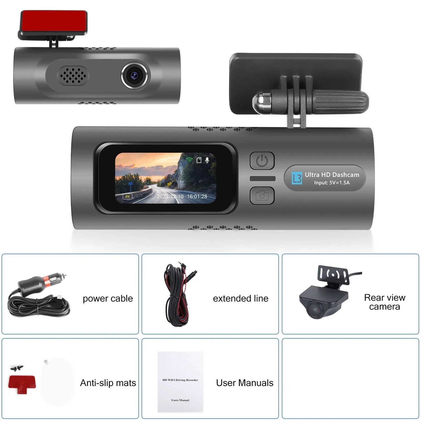 Camera auto de bord 4K, Rezolutie 3840 x 2160 Ultra HD, Conectivitate Wi-Fi, + Camera Spate HD