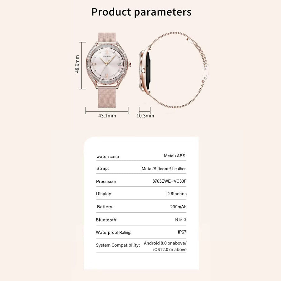 Smartwatch Dama Elegant, Bratara Metalica, Silicon si Piele, Masurare Oxigen in sange, Ritm cardiac, Sport, Somn