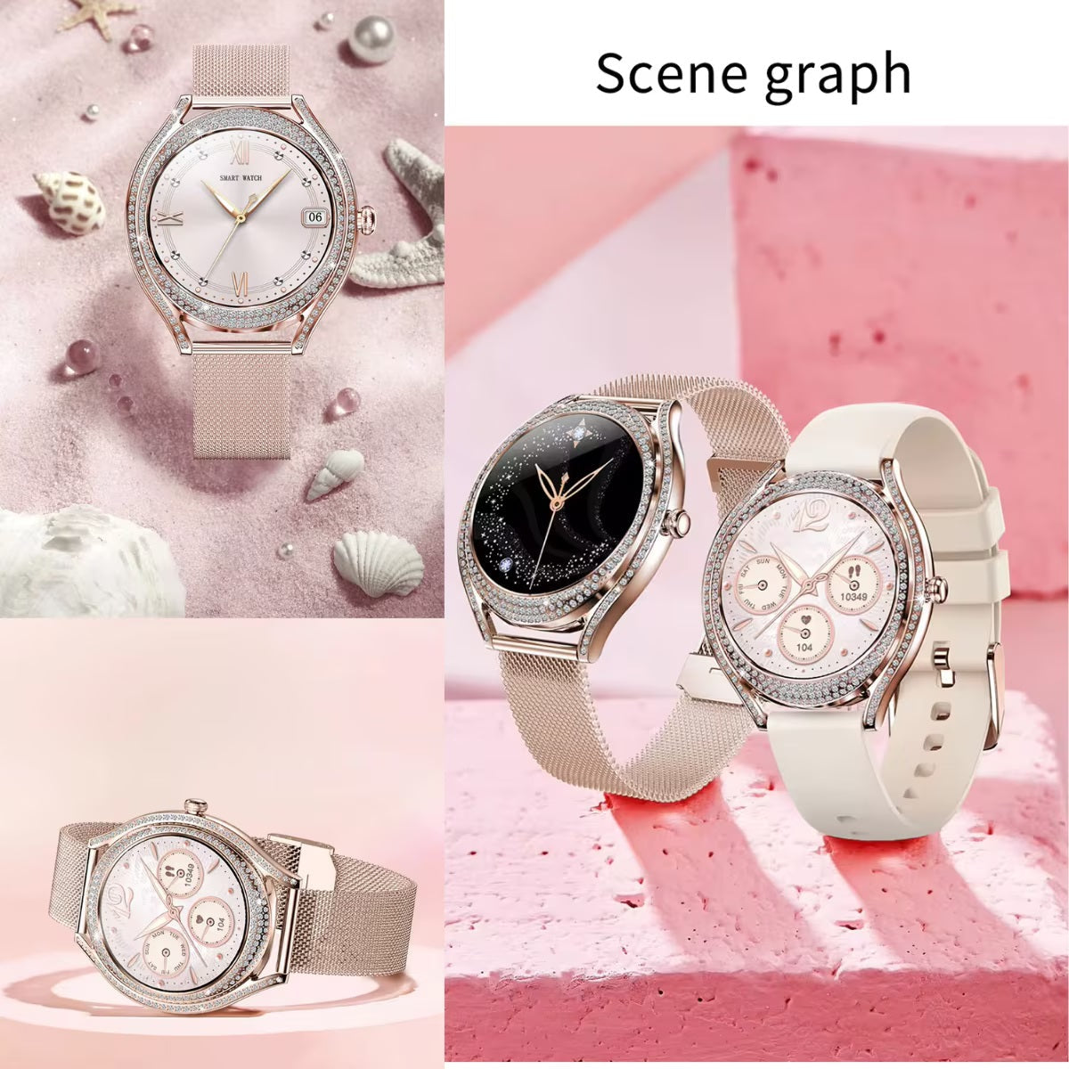 Smartwatch Dama Elegant, Bratara Metalica, Silicon si Piele, Masurare Oxigen in sange, Ritm cardiac, Sport, Somn