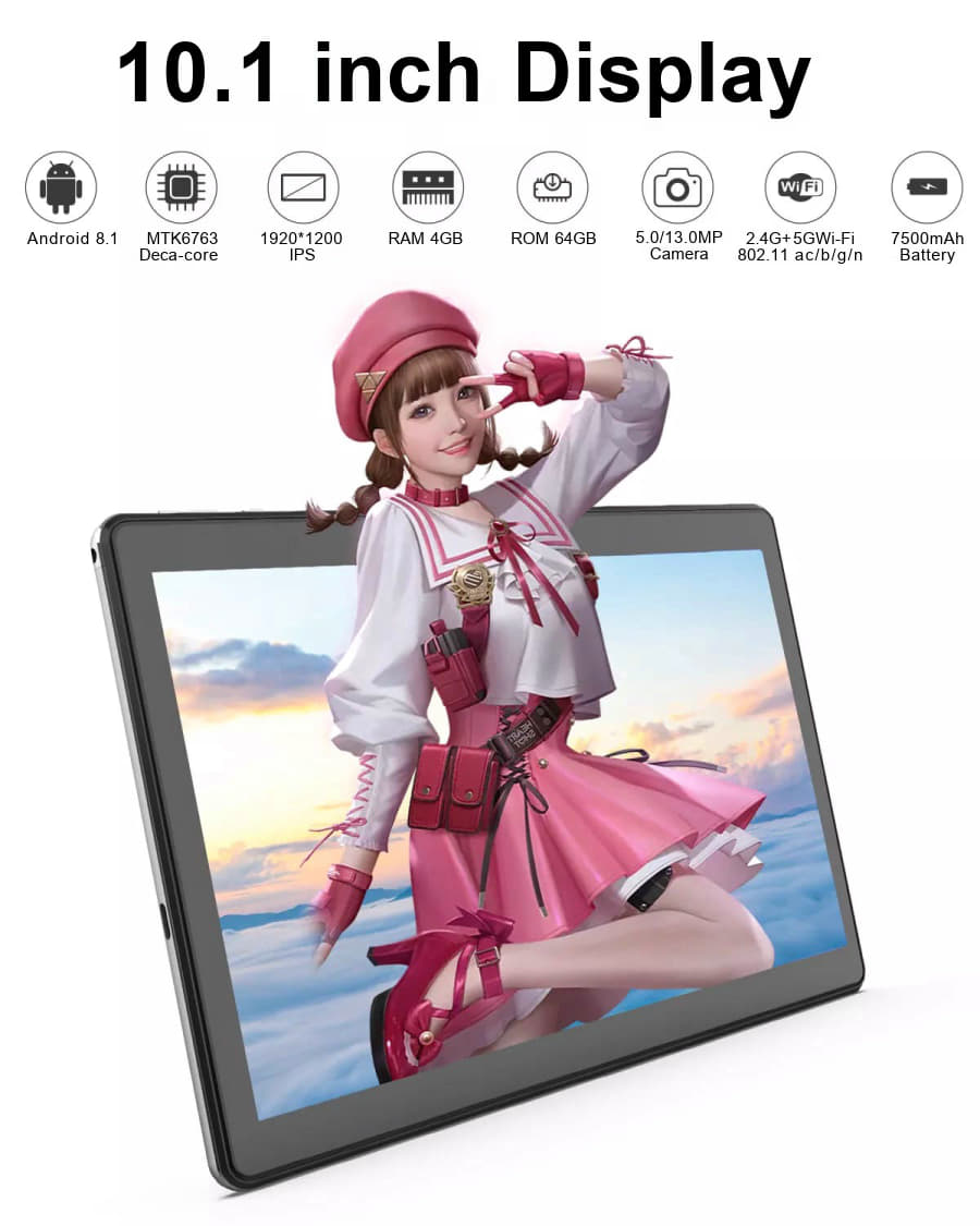 10 inch Android tablet, 10-core processor, 7500mAh battery, 64GB ROM+4GB RAM, WiFi, Bluetooth, Double camera