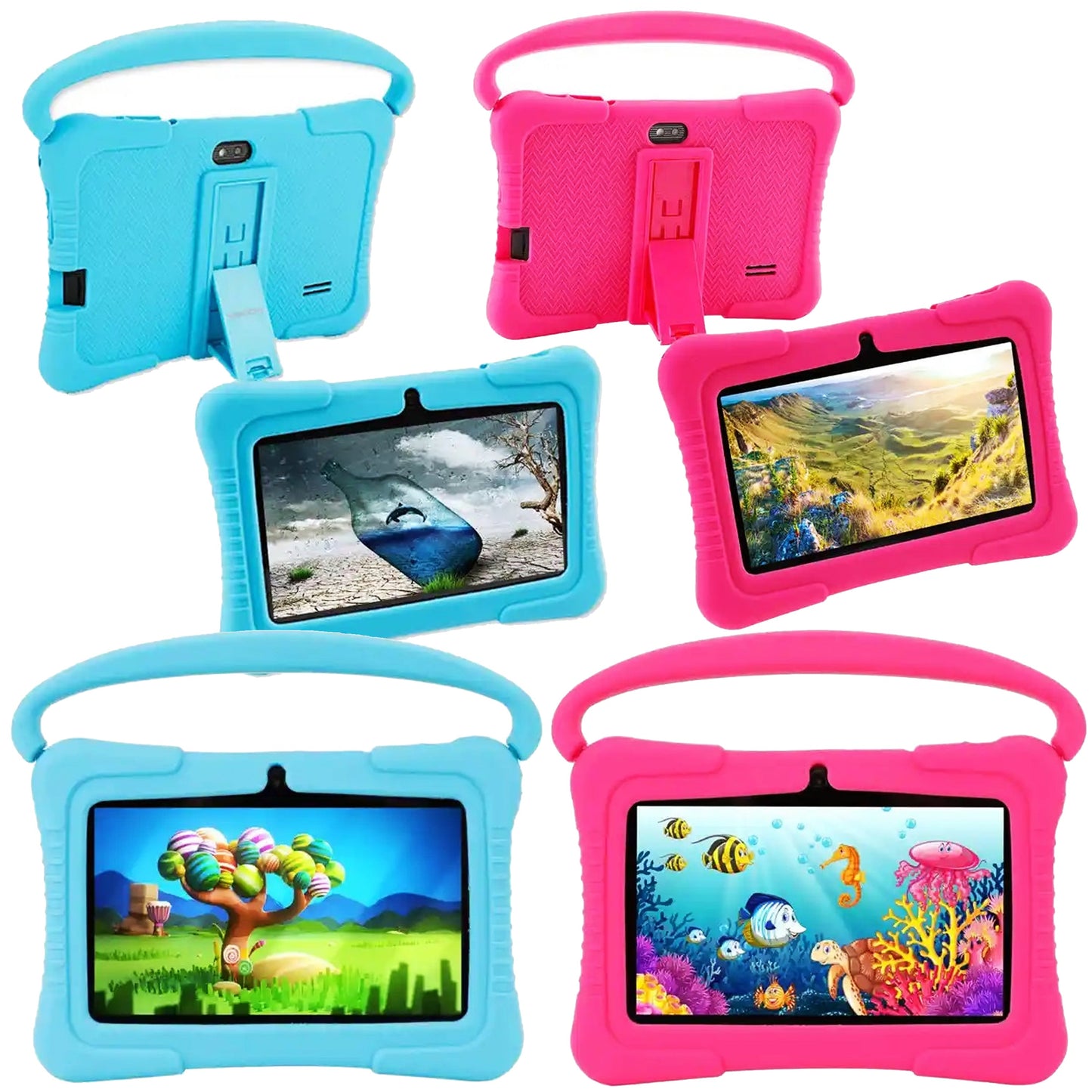 7 inch Android WiFi children's tablet with anti-shock protection, dual camera, games, drawings, applications, educational, model with handle