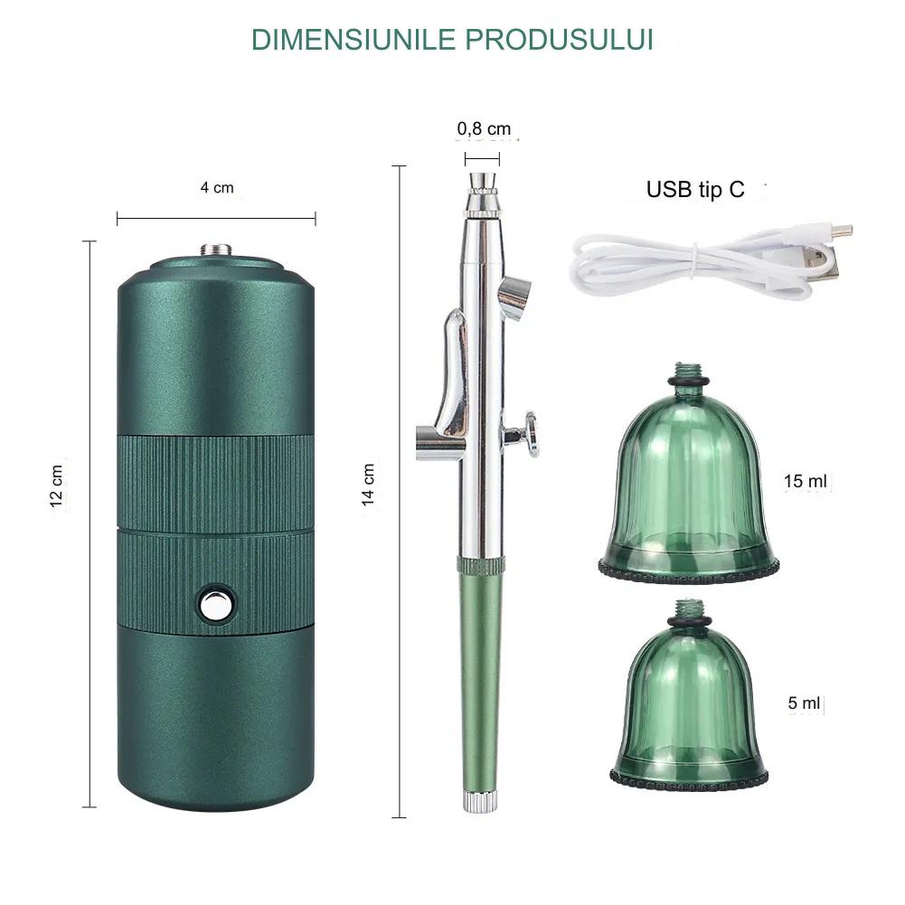 Aerograf Airbrush cu compresor portabil, pentru Pulverizat sau Vopsit, Manichiura, Pictura corp, Tatuaj semipermanent, Ornare torturi