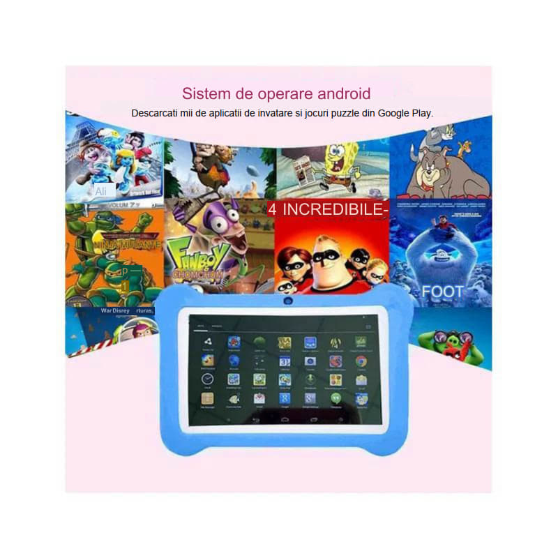 Tableta pentru copii de 7 inch Android WiFi cu Protectie anti shock, Camera dubla, jocuri, desene, aplicatii, Educativ, model Ursulet