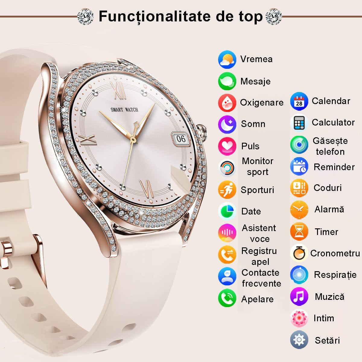 Smartwatch Dama Elegant, Bratara Metalica, Silicon si Piele, Masurare Oxigen in sange, Ritm cardiac, Sport, Somn