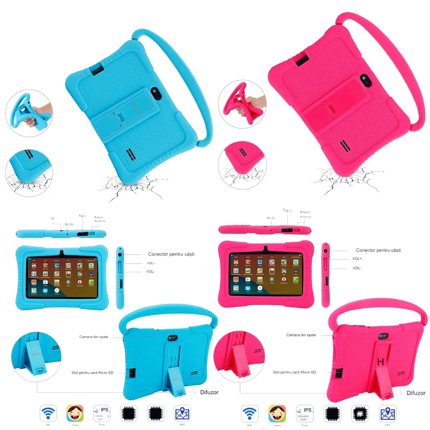 7 inch Android WiFi children's tablet with anti-shock protection, dual camera, games, drawings, applications, educational, model with handle