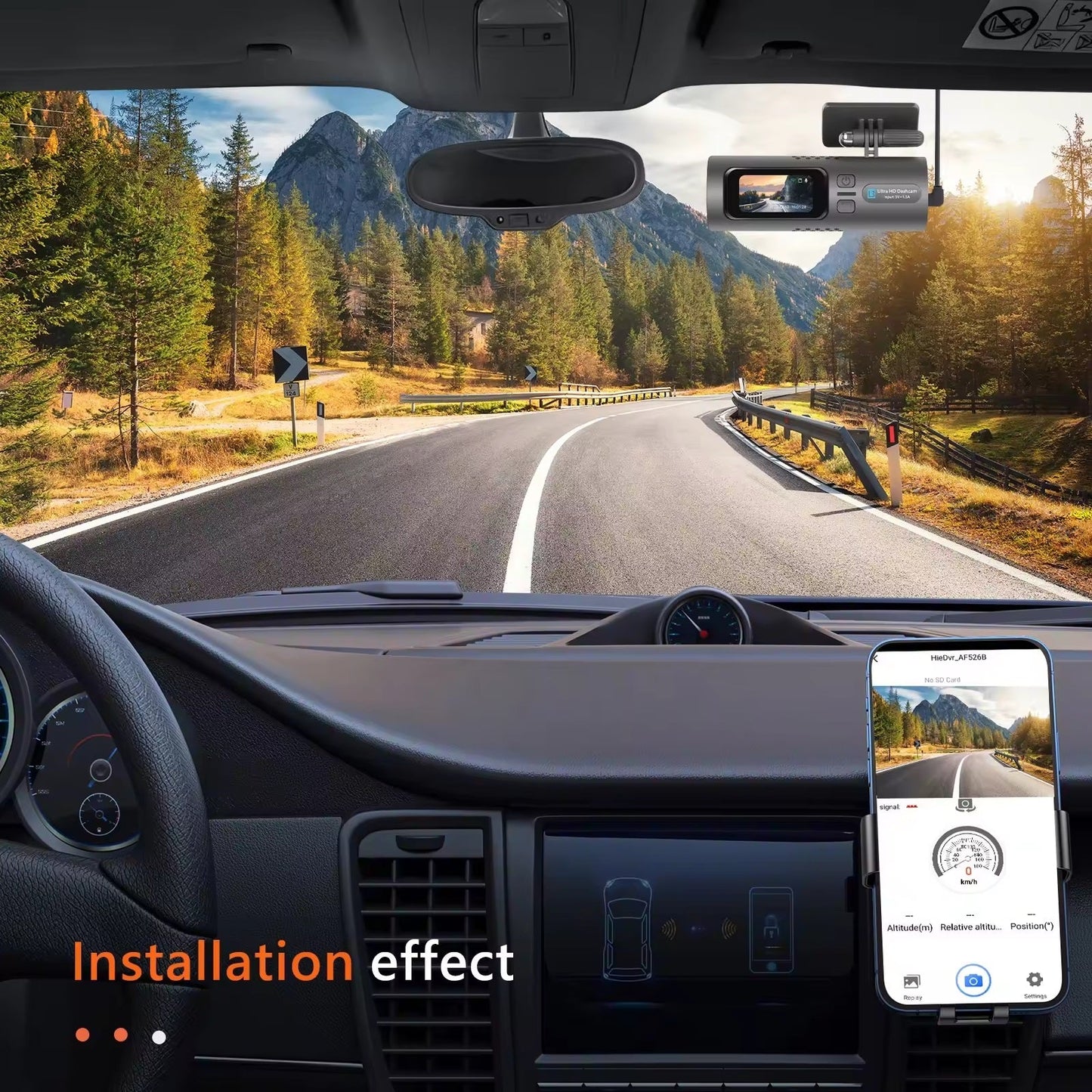 Camera auto de bord 4K, Rezolutie 3840 x 2160 Ultra HD, Conectivitate Wi-Fi, + Camera Spate HD