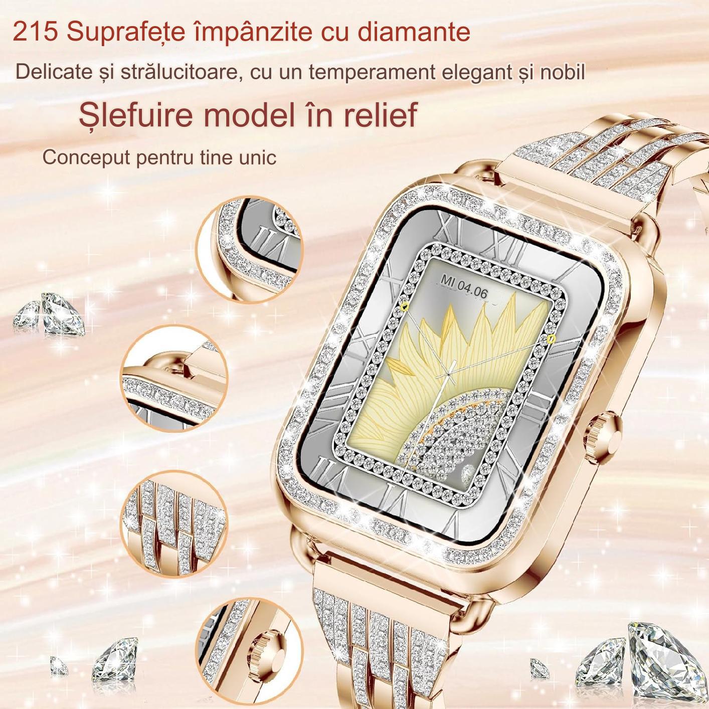 Smartwatch Dama Elegant, Bratari, Silicon, Piele si Metalica cu Pietricele, Masurare Oxigen in sange, Ritm cardiac, Sport, Somn