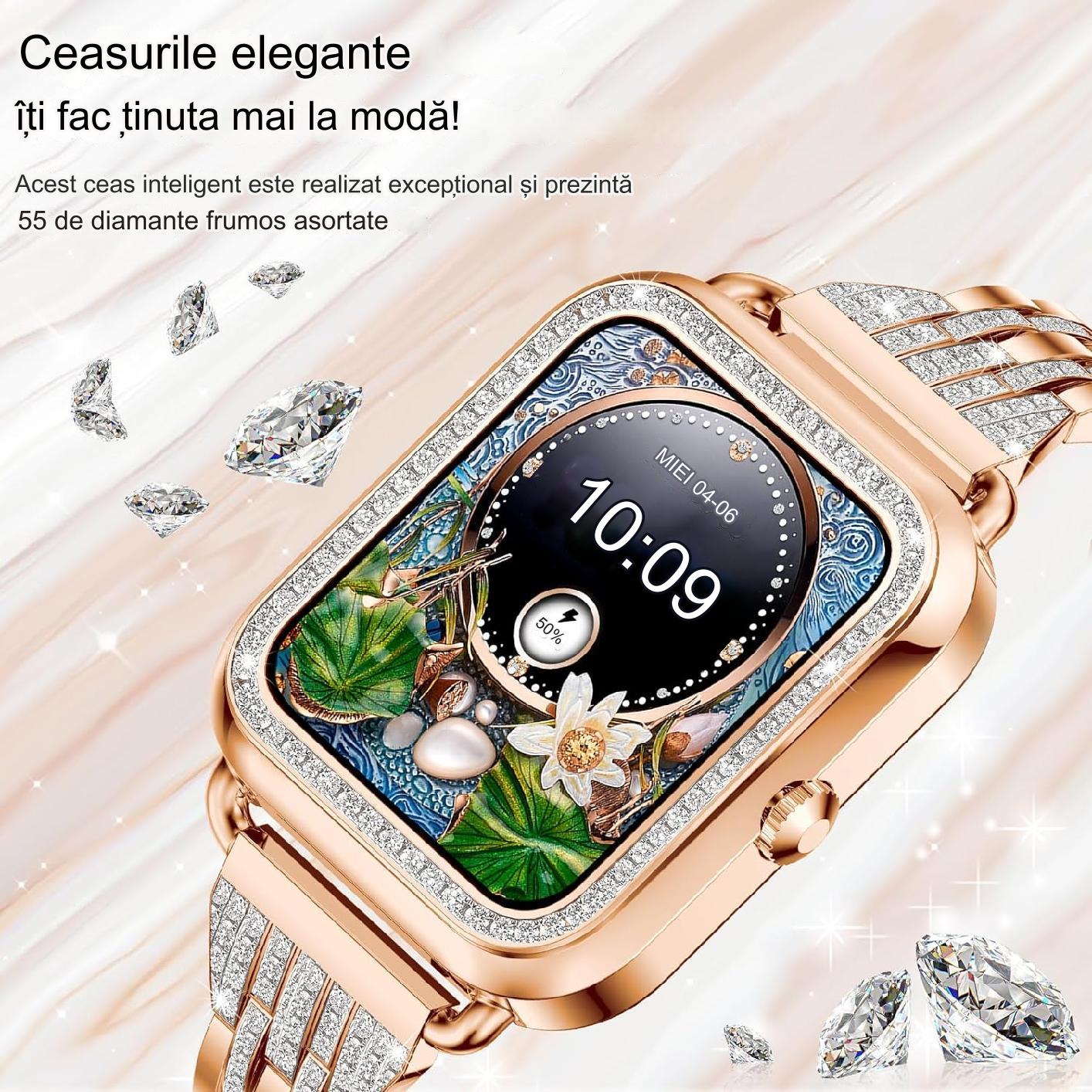 Smartwatch Dama Elegant, Bratari, Silicon, Piele si Metalica cu Pietricele, Masurare Oxigen in sange, Ritm cardiac, Sport, Somn