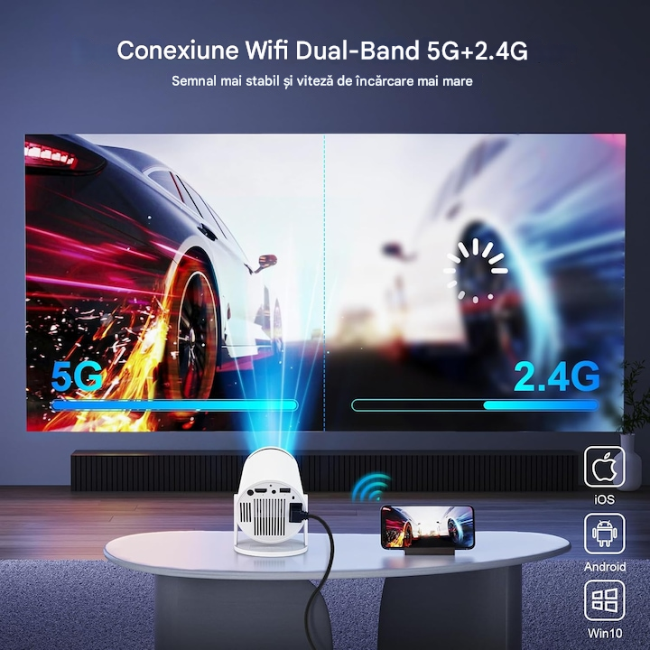 Videoproiector Portabil Smart 4K Ultra HD cu WiFi6, Bluetooth 5.0, Autofocus, Proiectie Ajustabila
