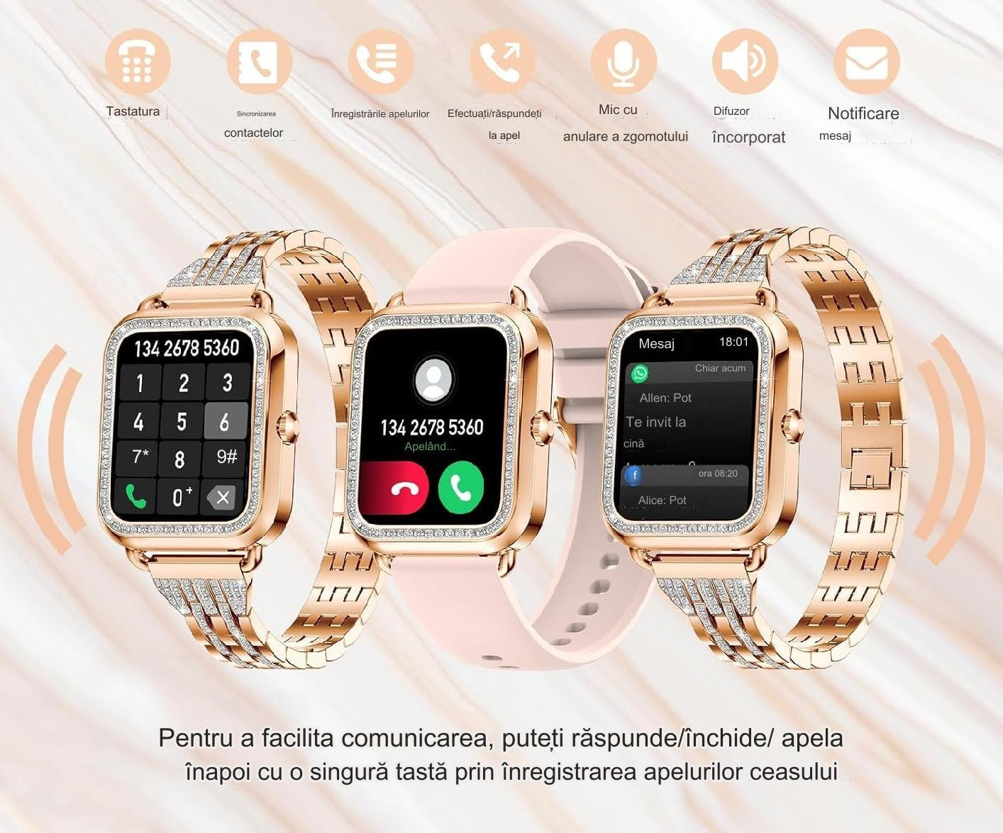 Smartwatch Dama Elegant, Bratari, Silicon, Piele si Metalica cu Pietricele, Masurare Oxigen in sange, Ritm cardiac, Sport, Somn