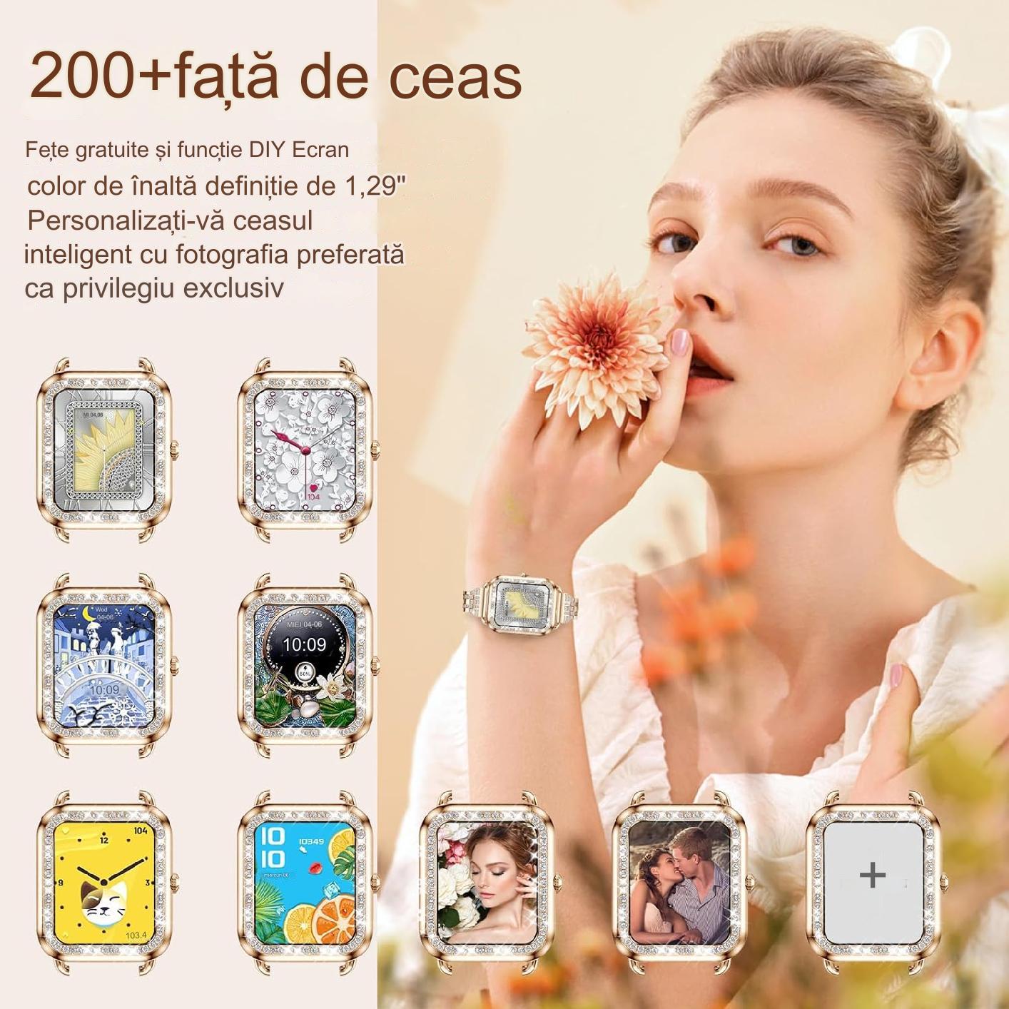 Smartwatch Dama Elegant, Bratari, Silicon, Piele si Metalica cu Pietricele, Masurare Oxigen in sange, Ritm cardiac, Sport, Somn