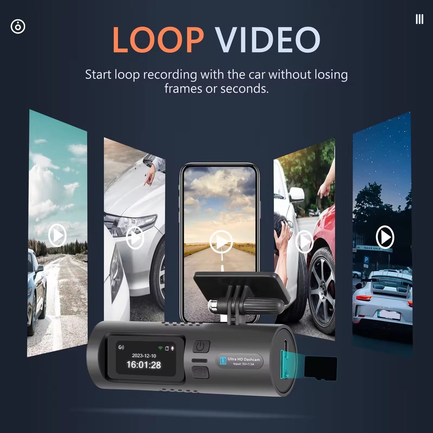 Camera auto de bord 4K, Rezolutie 3840 x 2160 Ultra HD, Conectivitate Wi-Fi, + Camera Spate HD