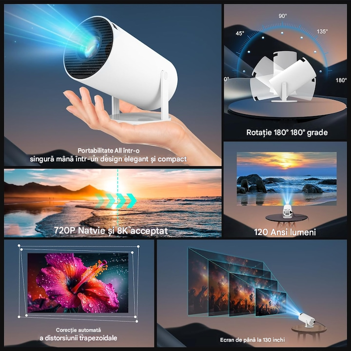 Videoproiector Portabil Smart 4K Ultra HD cu WiFi6, Bluetooth 5.0, Autofocus, Proiectie Ajustabila