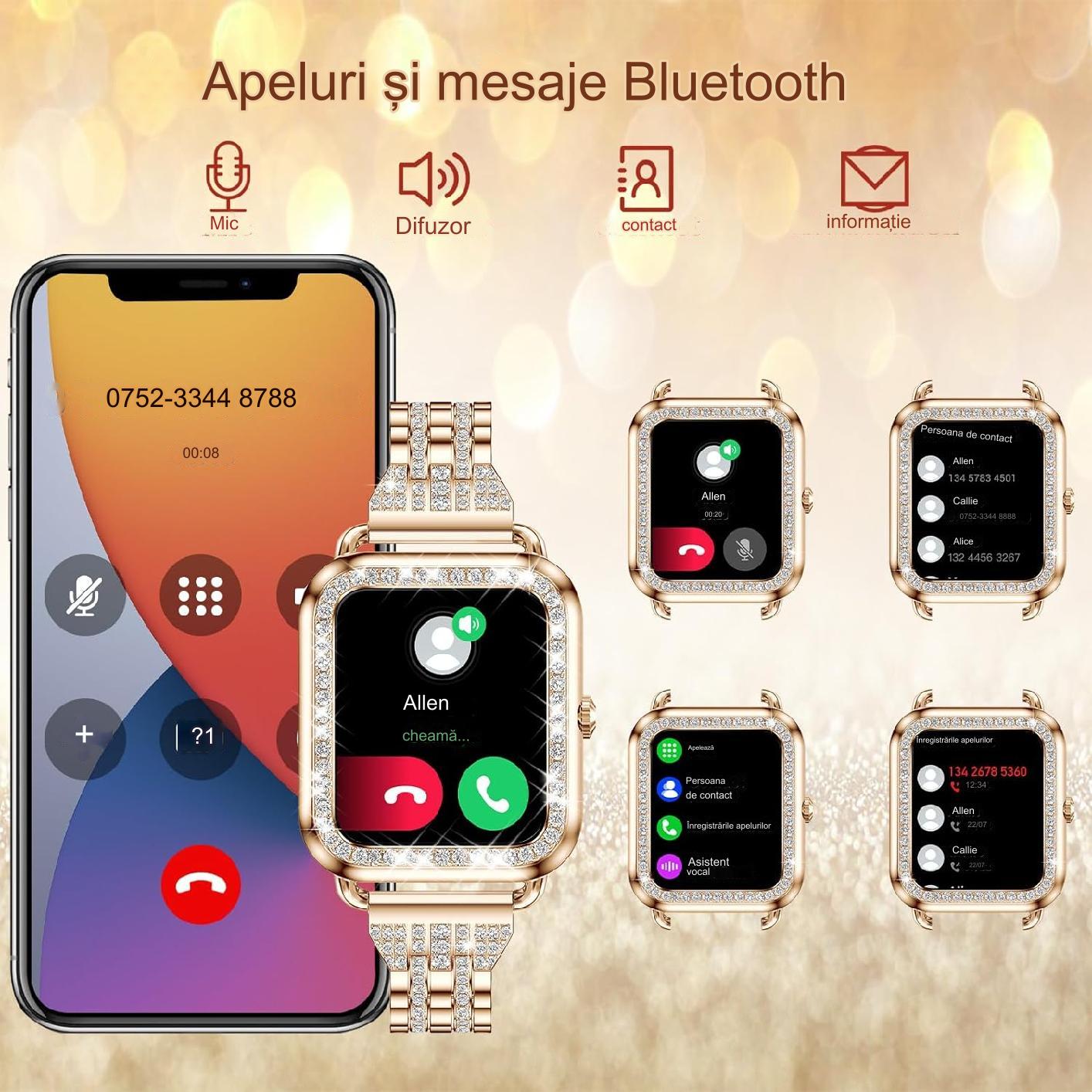 Smartwatch Dama Elegant, Bratari, Silicon, Piele si Metalica cu Pietricele, Masurare Oxigen in sange, Ritm cardiac, Sport, Somn