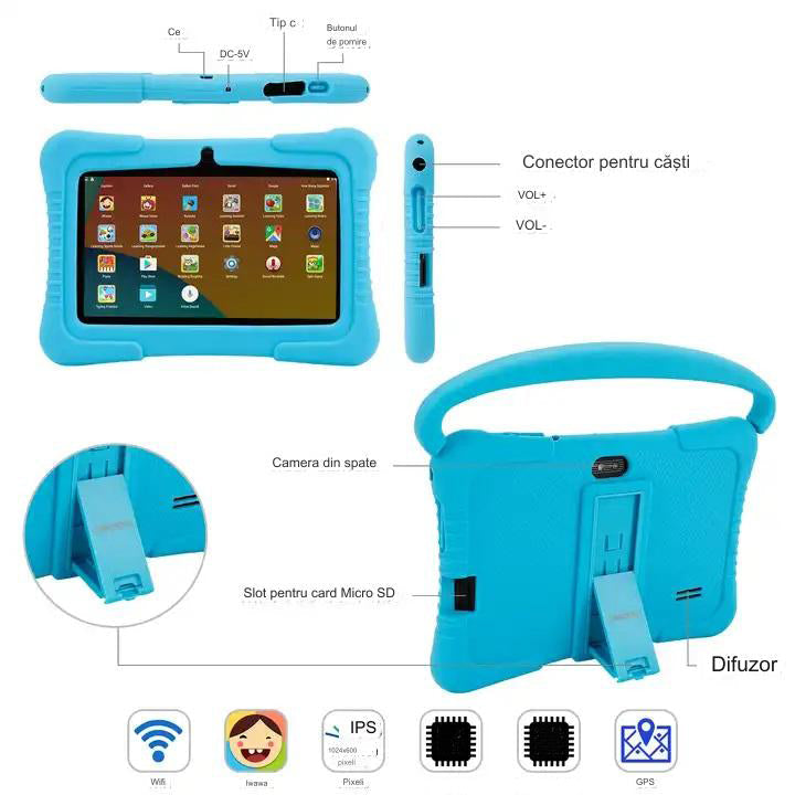 7 inch Android WiFi children's tablet with anti-shock protection, dual camera, games, drawings, applications, educational, model with handle