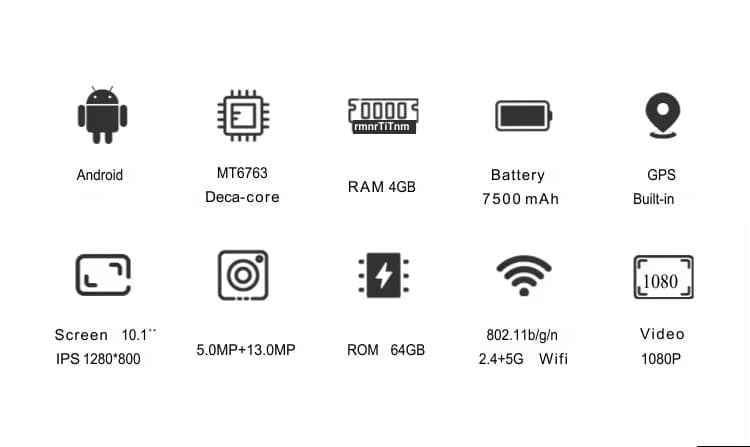 10 inch Android tablet, 10-core processor, 7500mAh battery, 64GB ROM+4GB RAM, WiFi, Bluetooth, Double camera