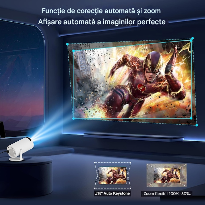 Videoproiector Portabil Smart 4K Ultra HD cu WiFi6, Bluetooth 5.0, Autofocus, Proiectie Ajustabila