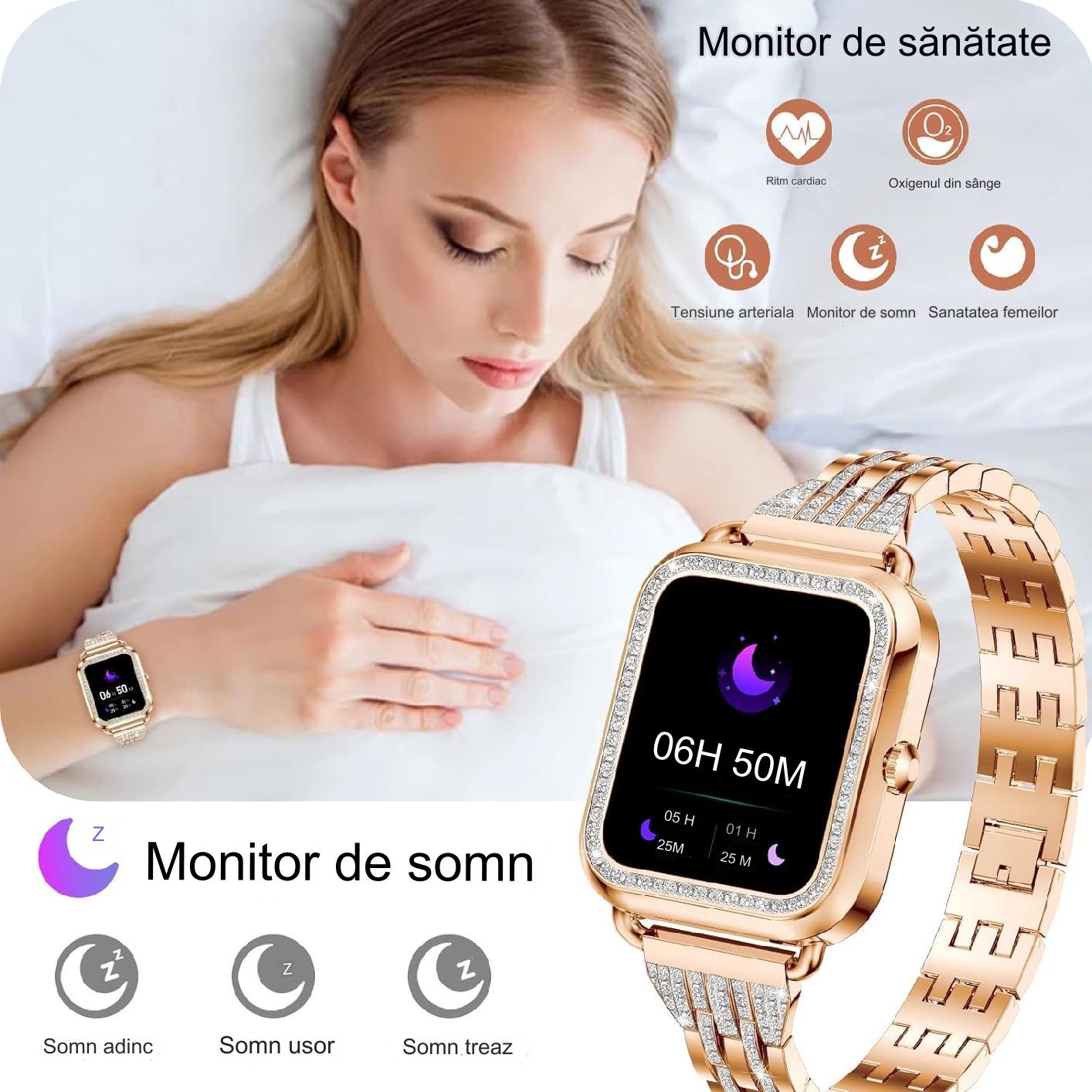 Smartwatch Dama Elegant, Bratari, Silicon, Piele si Metalica cu Pietricele, Masurare Oxigen in sange, Ritm cardiac, Sport, Somn