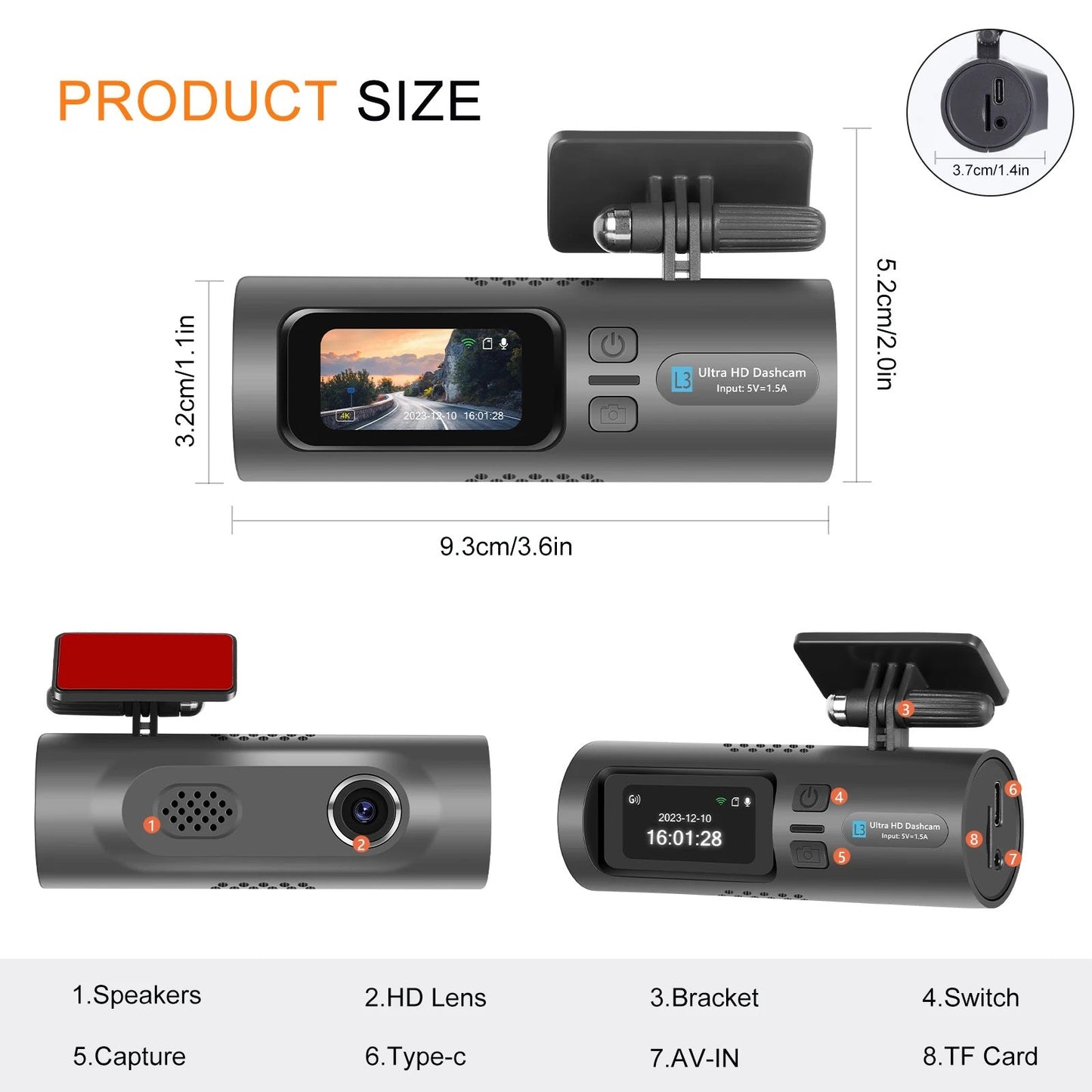Camera auto de bord 4K, Rezolutie 3840 x 2160 Ultra HD, Conectivitate Wi-Fi, + Camera Spate HD