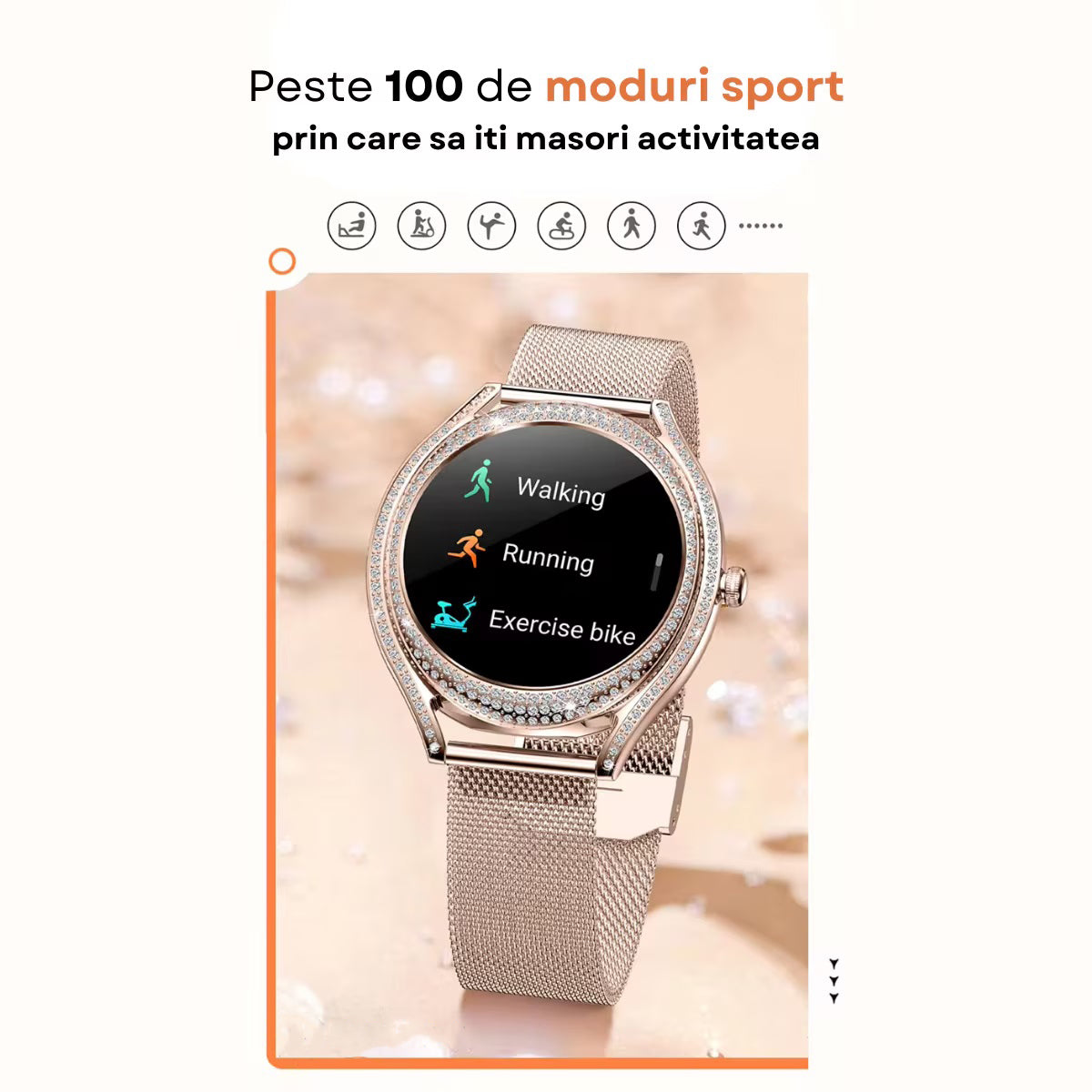 Smartwatch Dama Elegant, Bratara Metalica, Silicon si Piele, Masurare Oxigen in sange, Ritm cardiac, Sport, Somn
