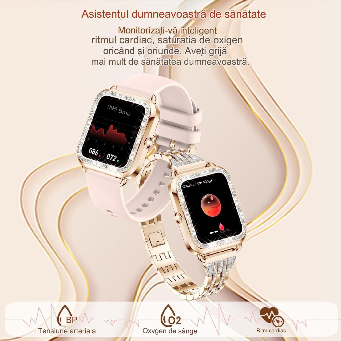Smartwatch Dama Elegant, Bratari, Silicon, Piele si Metalica cu Pietricele, Masurare Oxigen in sange, Ritm cardiac, Sport, Somn