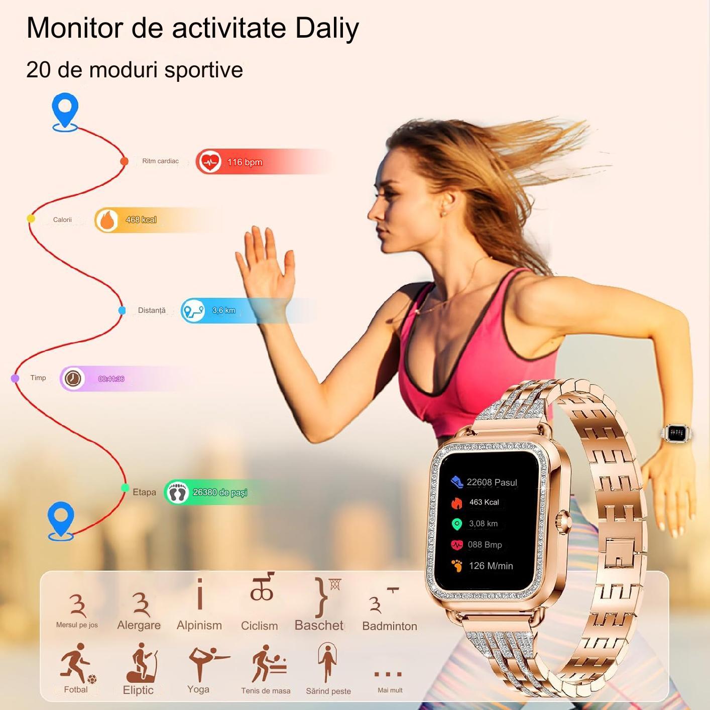 Smartwatch Dama Elegant, Bratari, Silicon, Piele si Metalica cu Pietricele, Masurare Oxigen in sange, Ritm cardiac, Sport, Somn