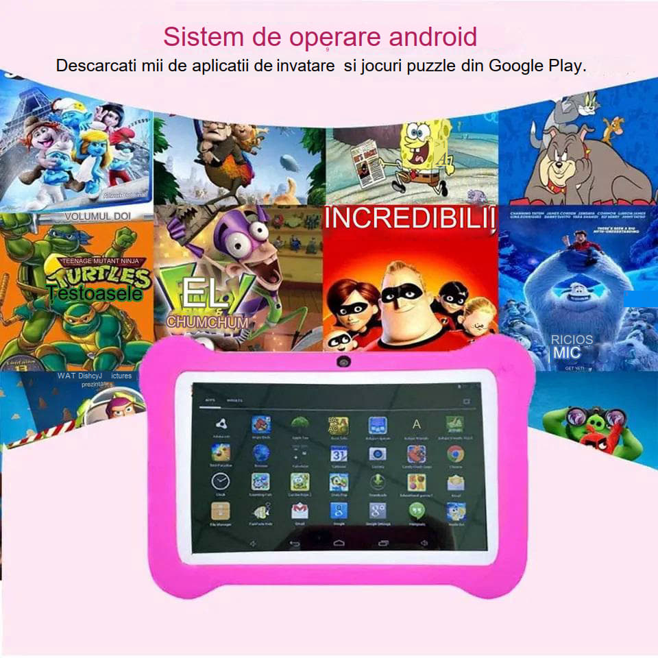 Tableta pentru copii de 7 inch Android WiFi cu Protectie anti shock, Camera dubla, jocuri, desene, aplicatii, Educativ, model Ursulet