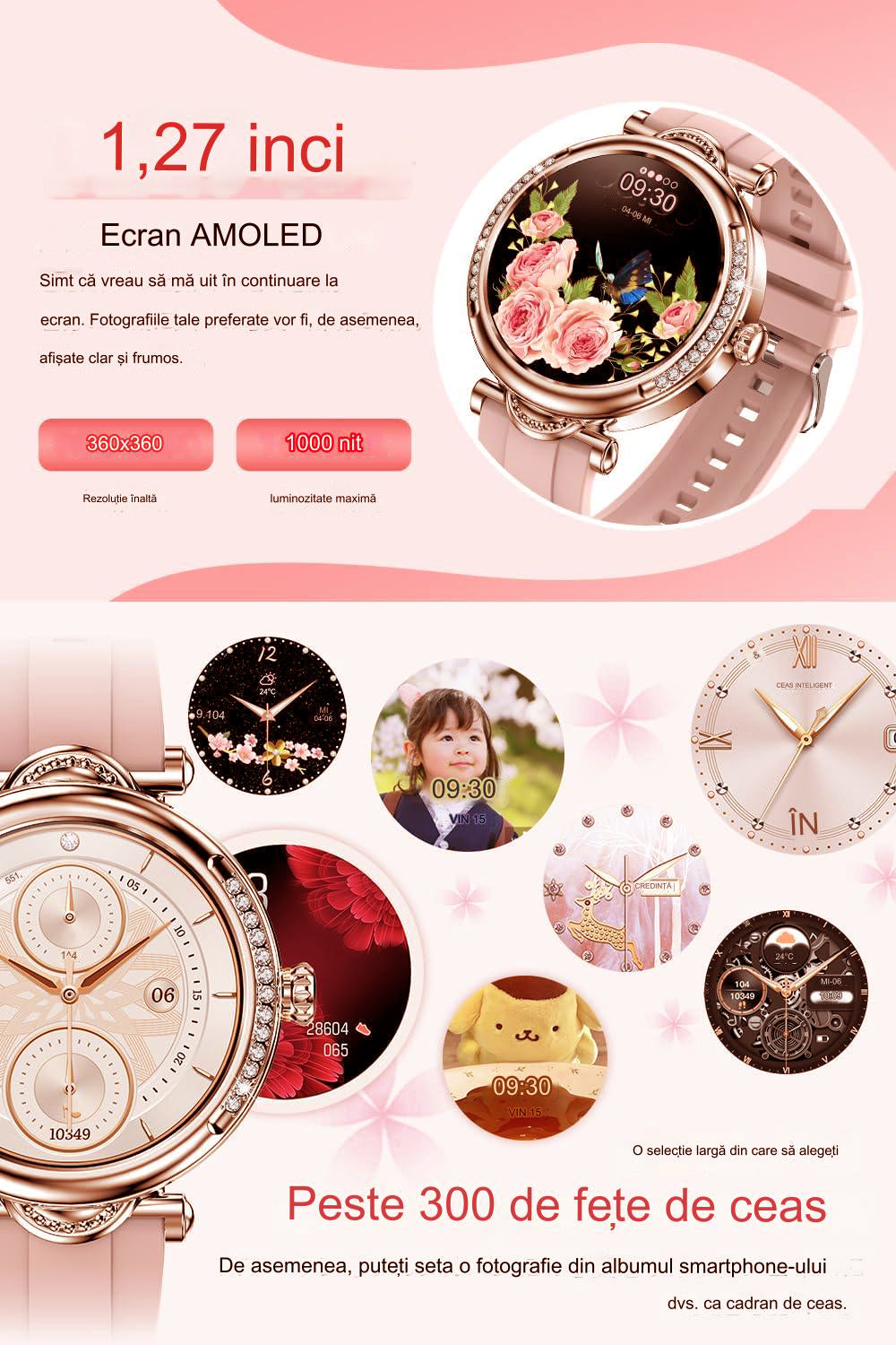 Smartwatch Dama UNLINES, CF32, Bratari, Silicon, Piele si Metalica cu Pietricele, Masurare Oxigen in sange, Ritm cardiac, Sport, Somn