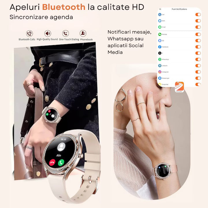 Smartwatch Dama Elegant, Bratara Metalica, Silicon si Piele, Masurare Oxigen in sange, Ritm cardiac, Sport, Somn