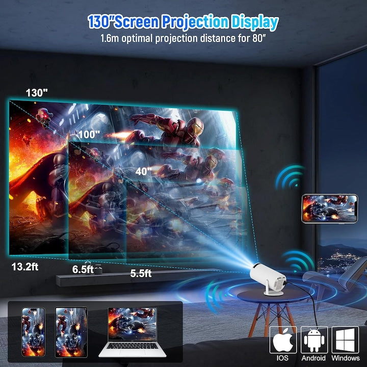 Videoproiector Portabil Smart 4K Ultra HD cu WiFi6, Bluetooth 5.0, Autofocus, Proiectie Ajustabila