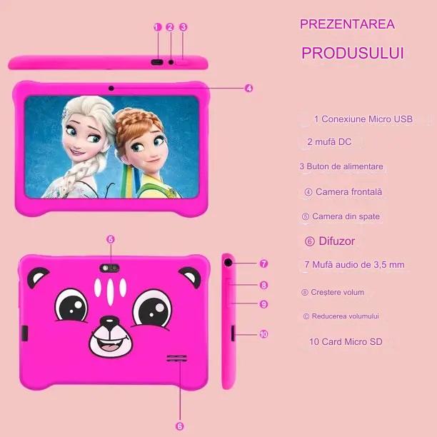 Tableta pentru copii de 7 inch Android WiFi cu Protectie anti shock, Camera dubla, jocuri, desene, aplicatii, Educativ, model Ursulet