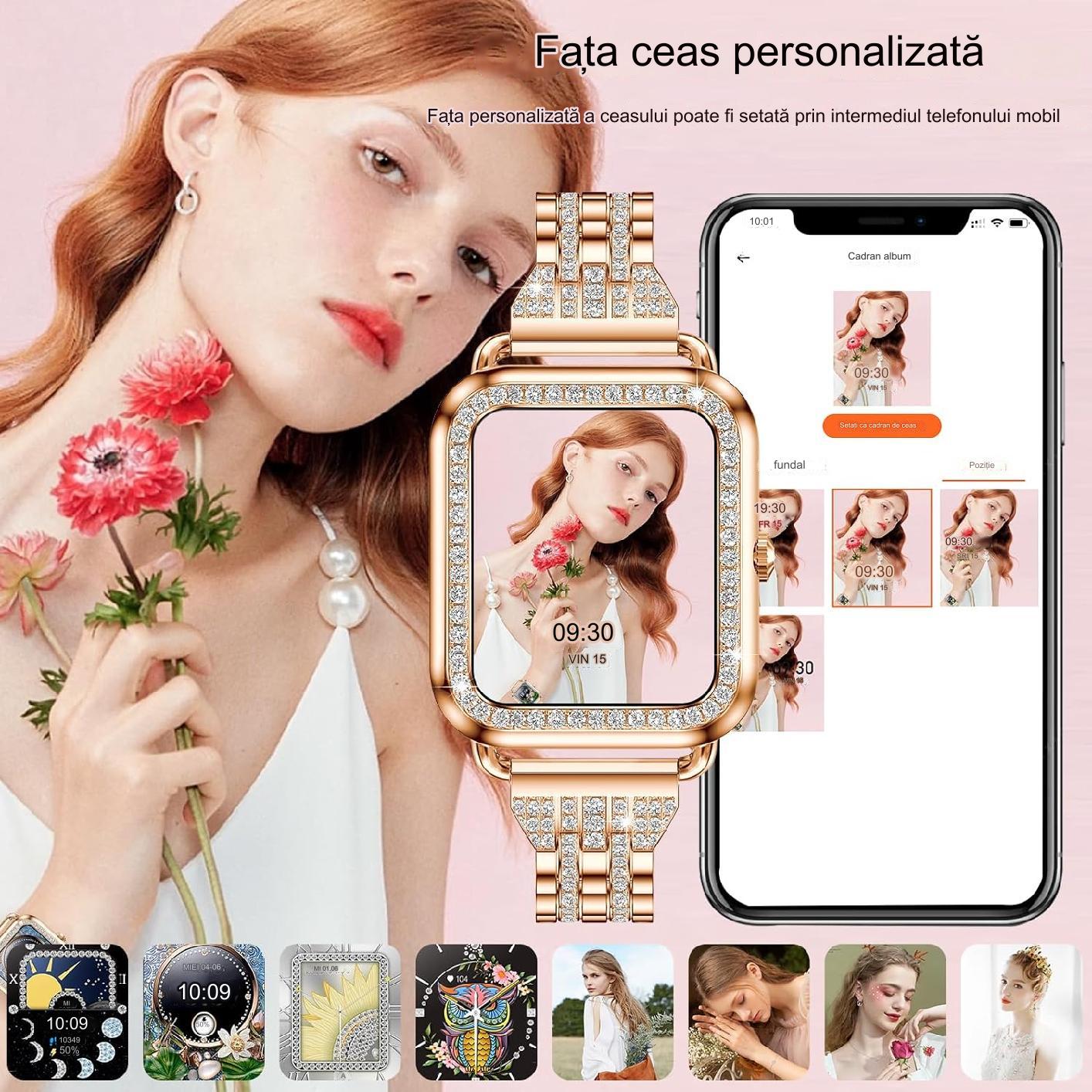 Smartwatch Dama Elegant, Bratari, Silicon, Piele si Metalica cu Pietricele, Masurare Oxigen in sange, Ritm cardiac, Sport, Somn