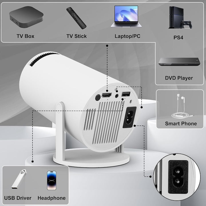 Videoproiector Portabil Smart 4K Ultra HD cu WiFi6, Bluetooth 5.0, Autofocus, Proiectie Ajustabila