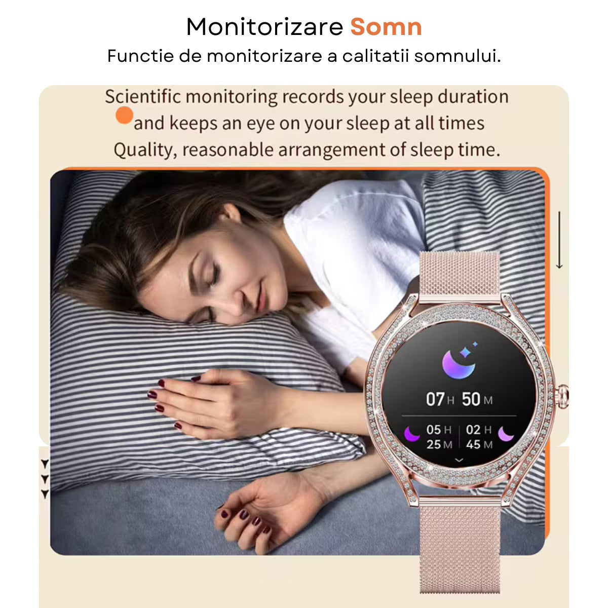 Smartwatch Dama Elegant, Bratara Metalica, Silicon si Piele, Masurare Oxigen in sange, Ritm cardiac, Sport, Somn
