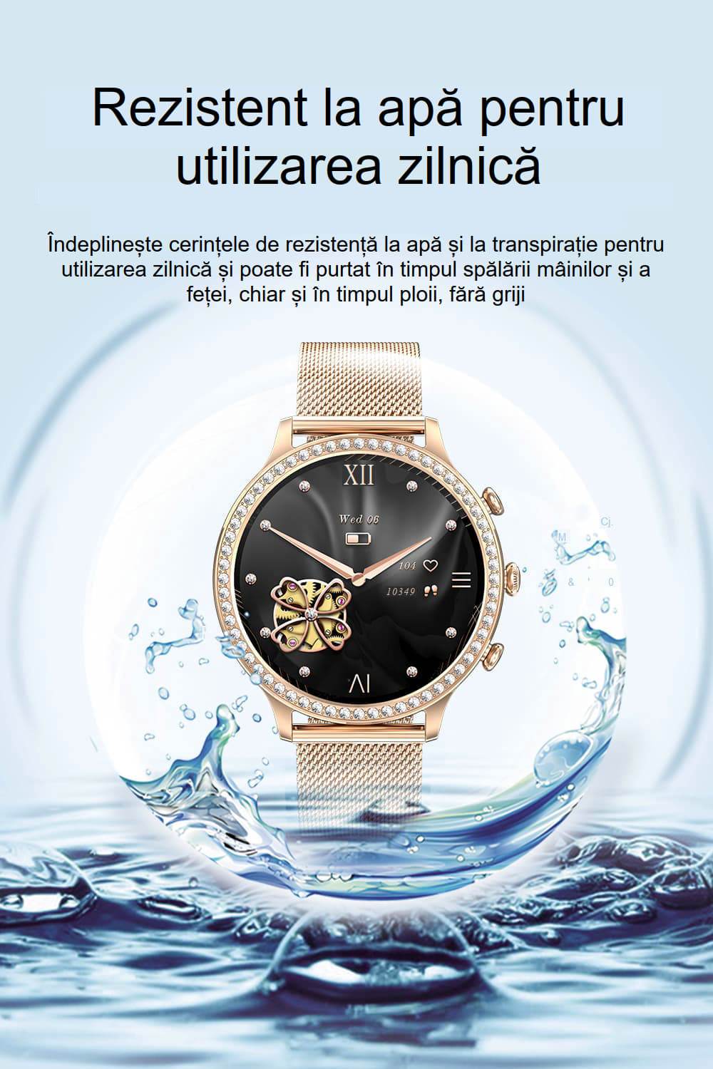 SmartWatch Dama, Auriu, Gold, Elegant, Curea metal, Curea silicon, Masurare Oxigen in sange, Ritm cardiac, Sport, Somn - Specializat.ro