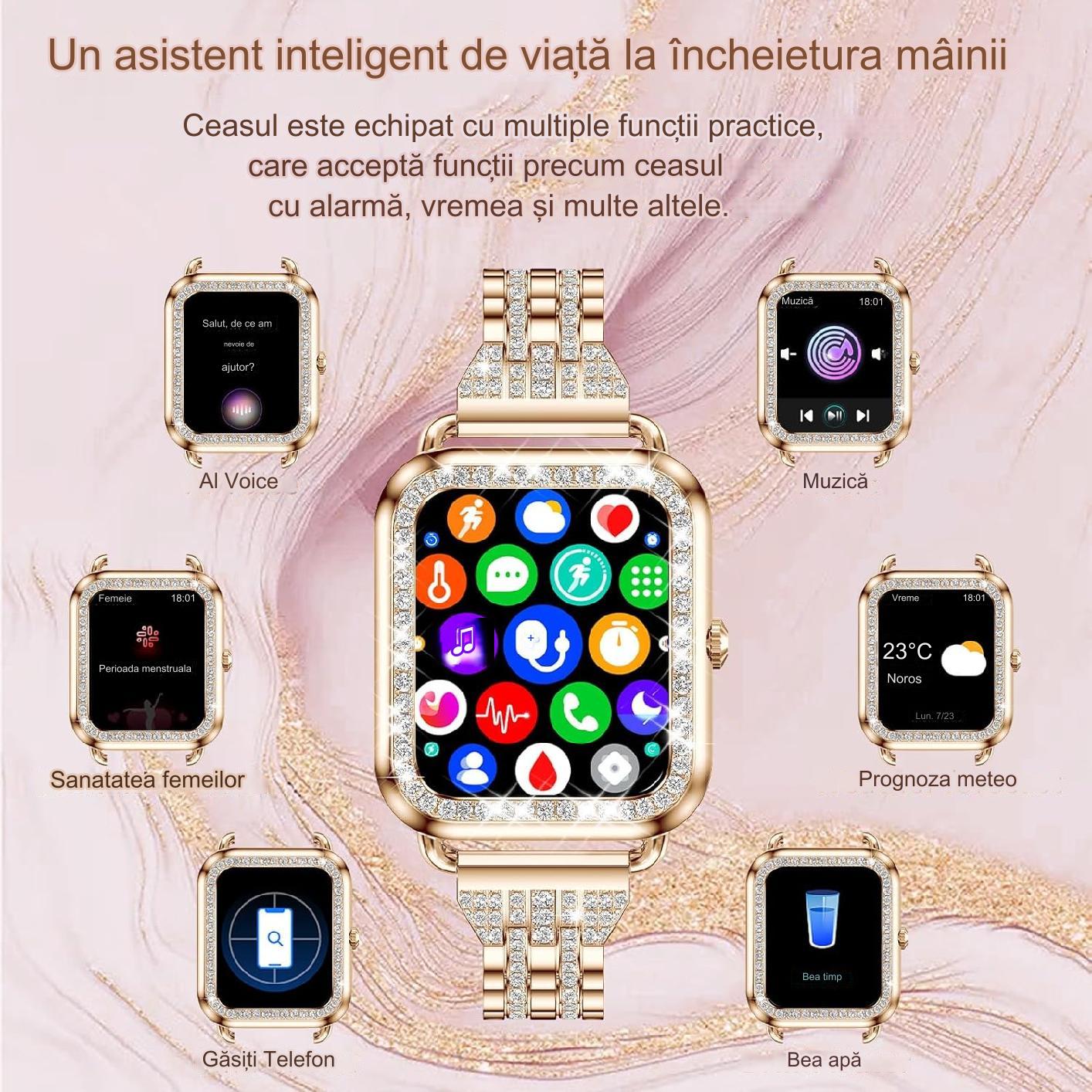 Smartwatch Dama Elegant, Bratari, Silicon, Piele si Metalica cu Pietricele, Masurare Oxigen in sange, Ritm cardiac, Sport, Somn