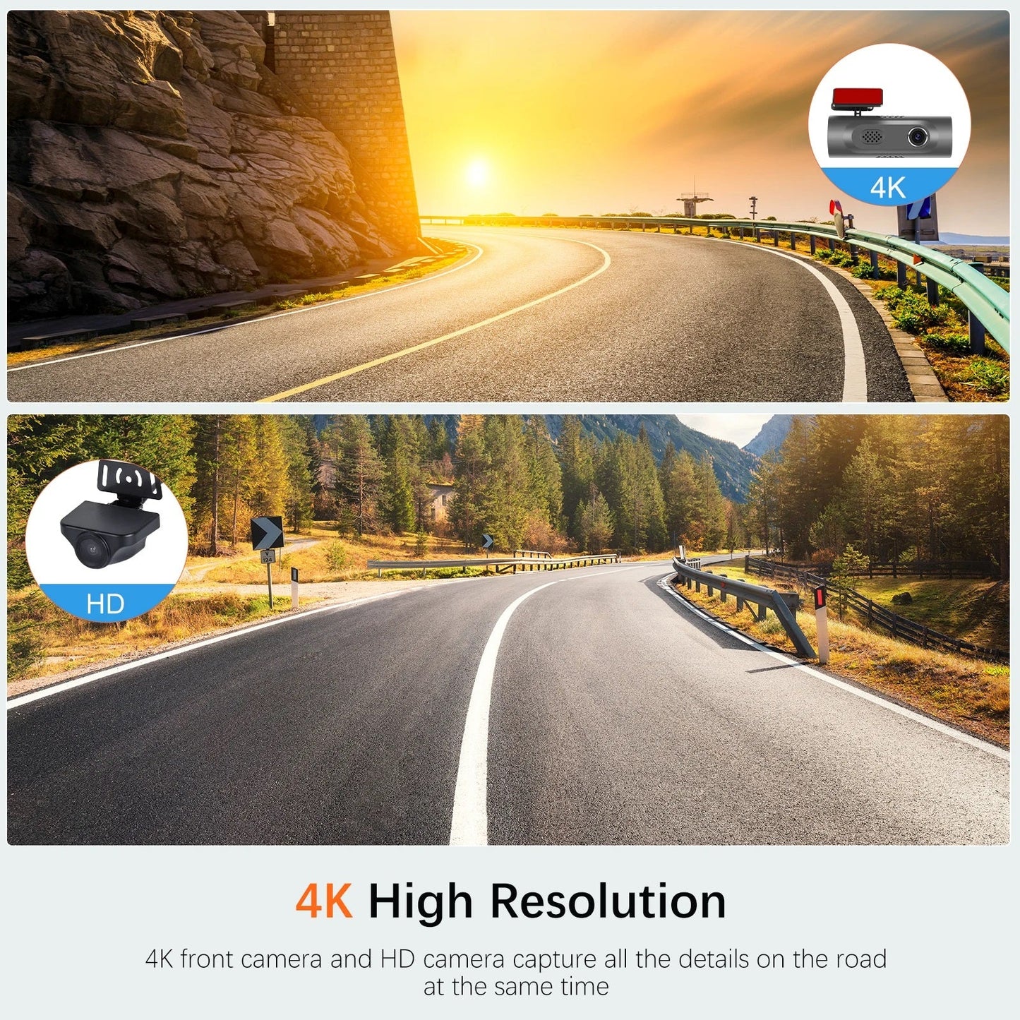Camera auto de bord 4K, Rezolutie 3840 x 2160 Ultra HD, Conectivitate Wi-Fi, + Camera Spate HD