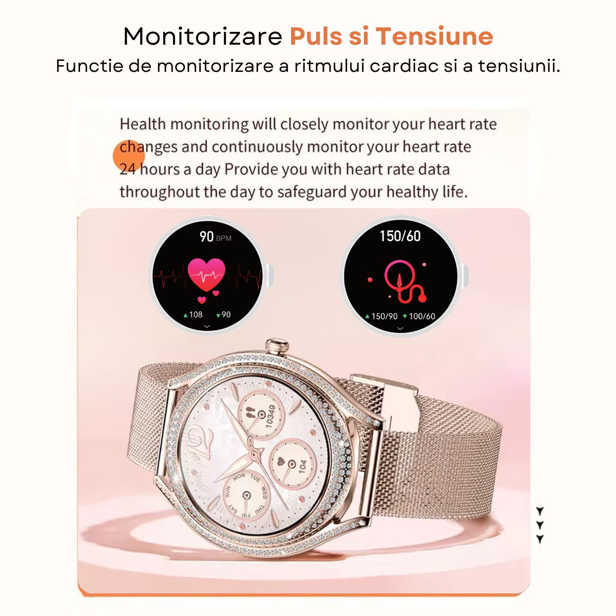 Smartwatch Dama Elegant, Bratara Metalica, Silicon si Piele, Masurare Oxigen in sange, Ritm cardiac, Sport, Somn