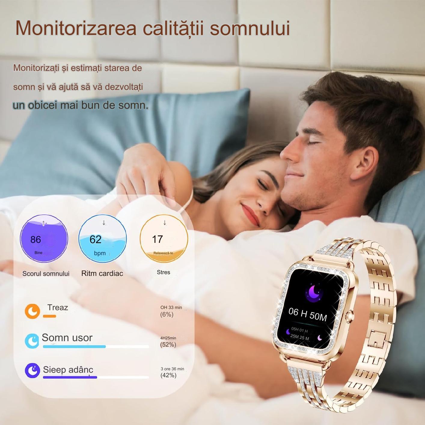 Smartwatch Dama Elegant, Bratari, Silicon, Piele si Metalica cu Pietricele, Masurare Oxigen in sange, Ritm cardiac, Sport, Somn
