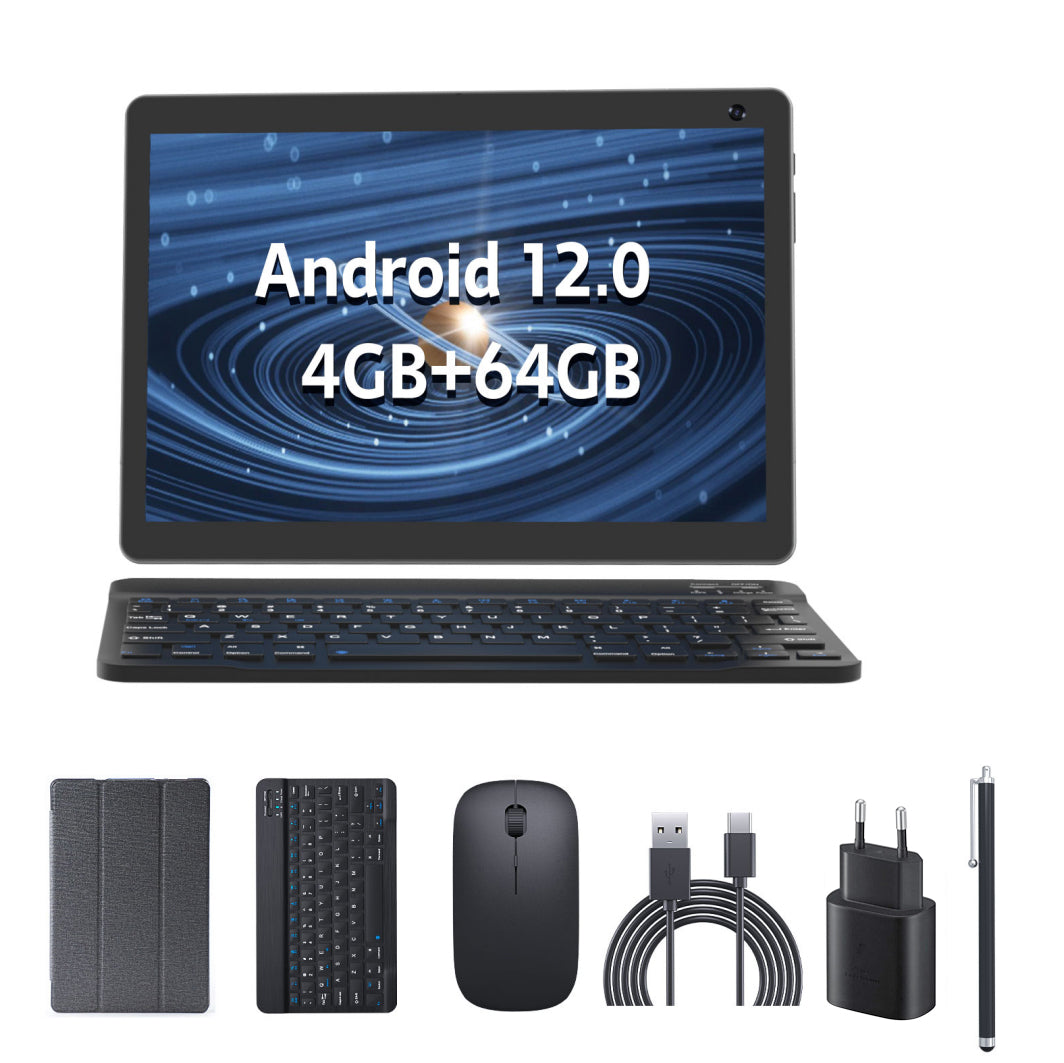 Tableta 10 inch, Android 12, 64GB ROM+4GB RAM, Husa, Tastatura, Mouse, Stilou, WiFi, Bluetooth, Camera dubla, Baterie de 6000mAh