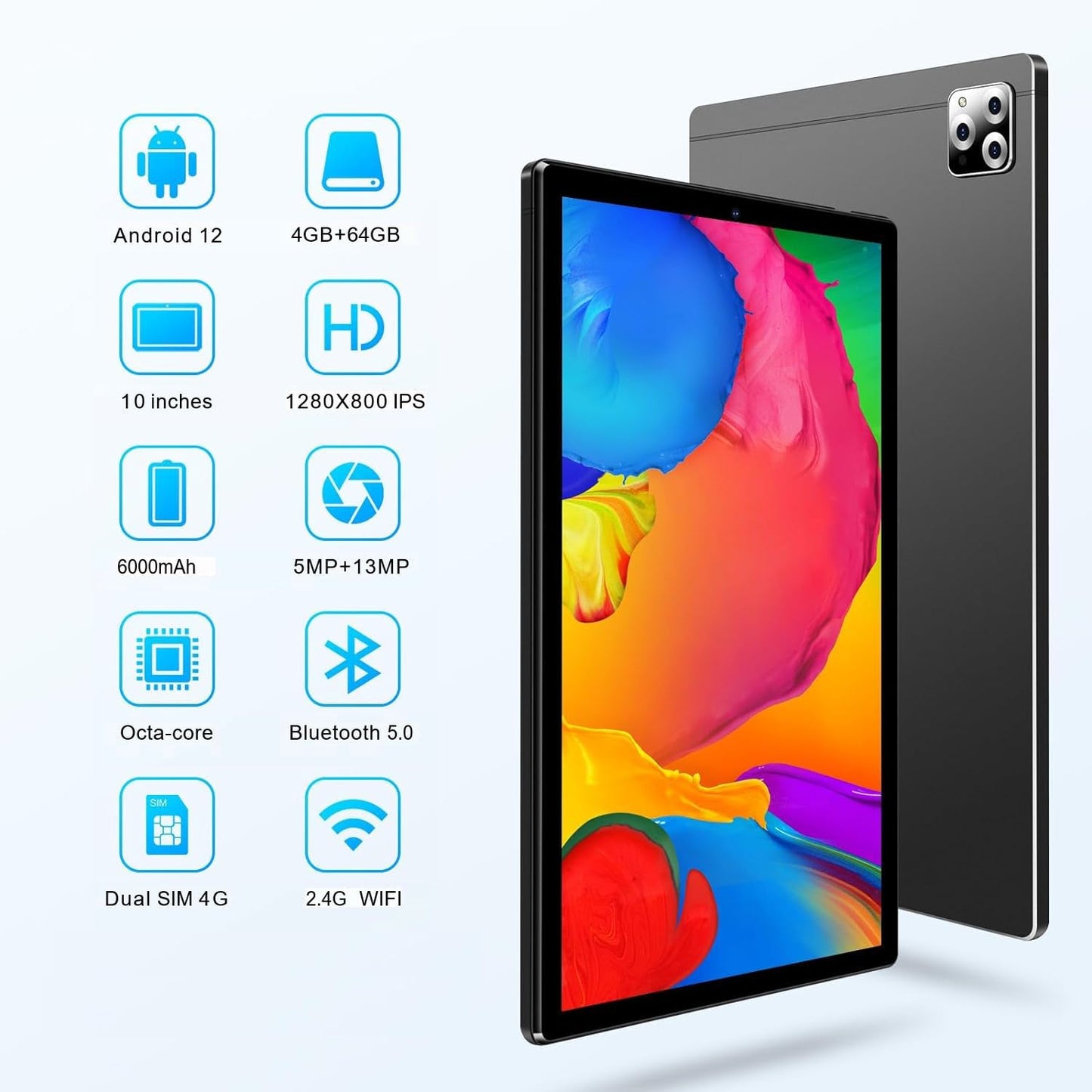 Tableta 10 inch, Android 12, 4GB RAM+64GB ROM, procesor 8-core, Dual SIM, slot SD CARD, WiFi, Bluetooth, Camera dubla, Baterie de 6000mAh