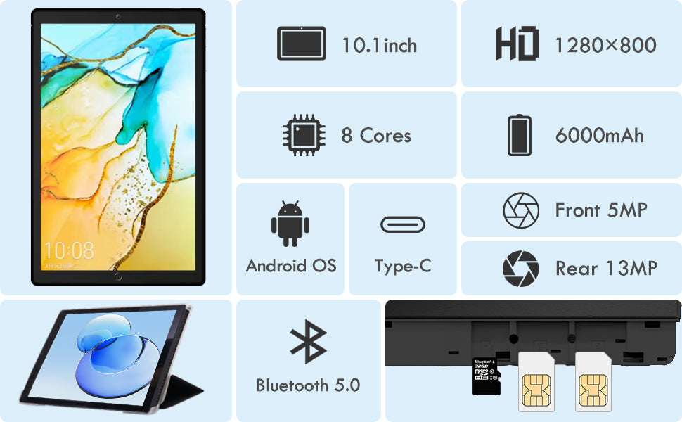 Tableta 10 inch, Android 12, 4GB RAM+64GB ROM, procesor 8-core, Dual SIM, slot SD CARD, WiFi, Bluetooth, Camera dubla, Baterie de 6000mAh