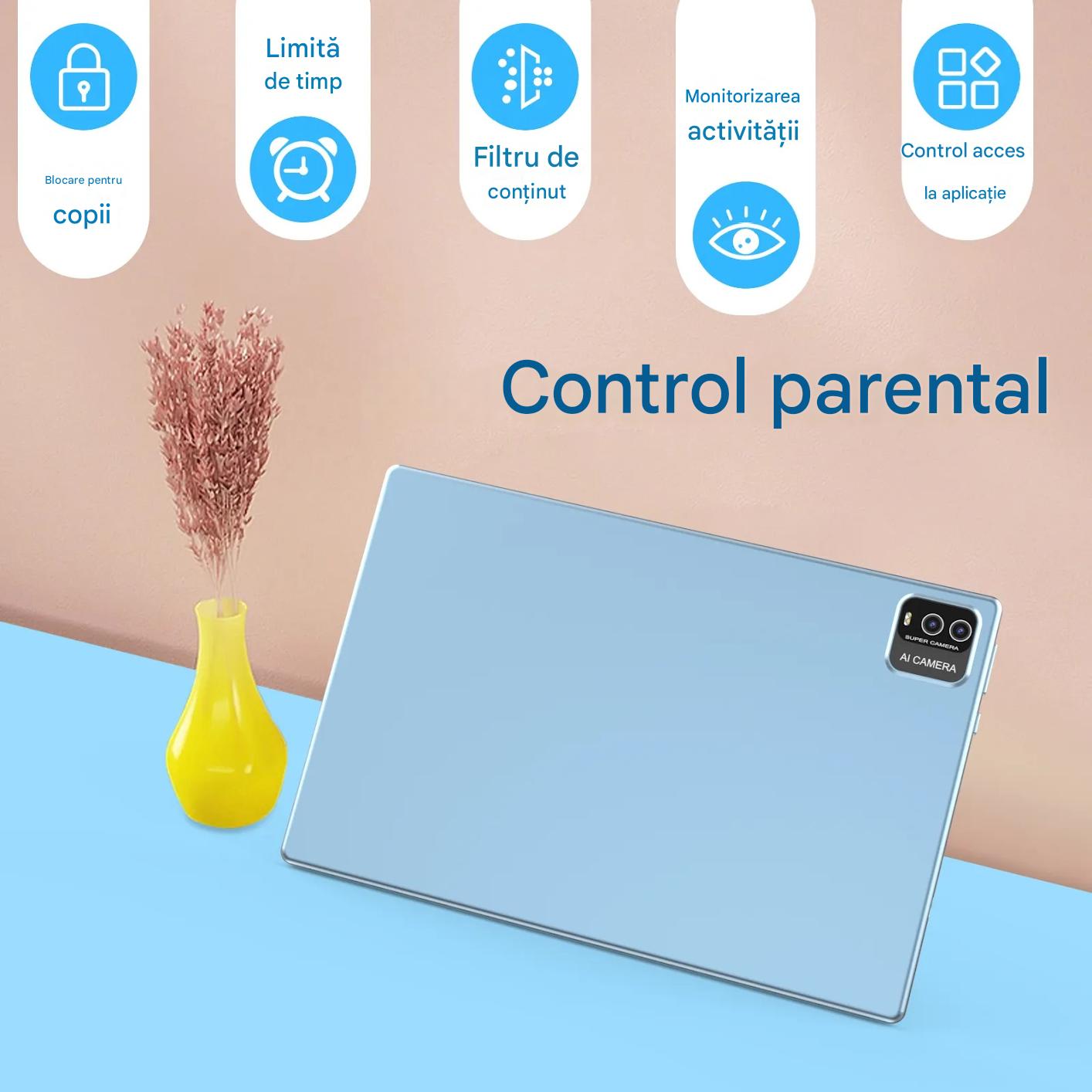 Tableta Android 10 Inch, 12GB RAM, 128GB ROM, Wifi, Bluetooth, Husa Protectie Anti Shock, Pentru Copii